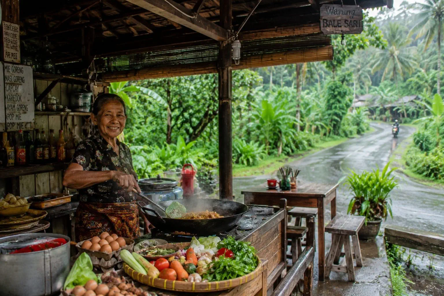 Pluie tropicale sur une terrasse en bois, ambiance calme et humide à Bali.
