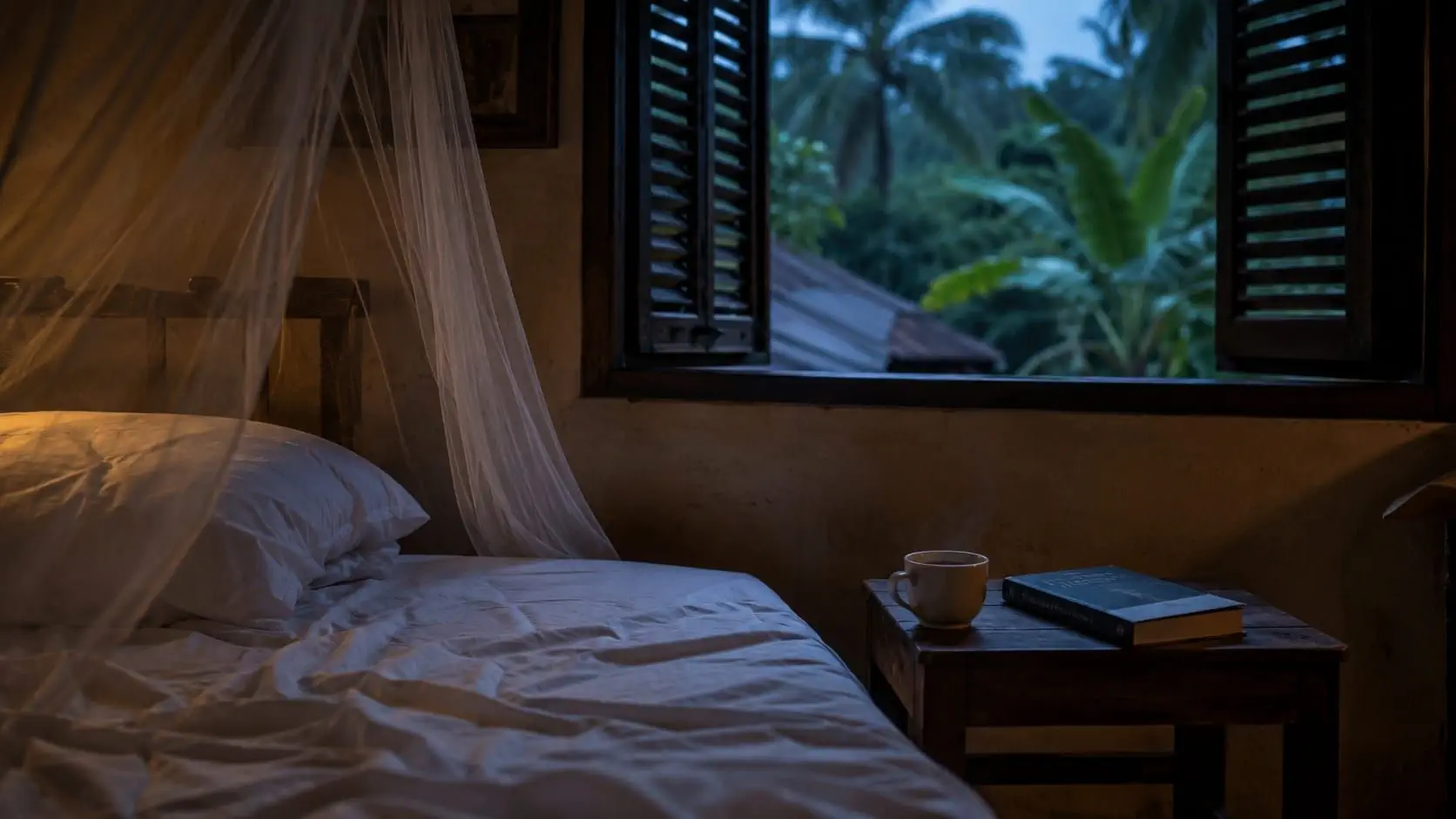 Lampe de chevet allumée le soir dans une chambre calme, ambiance propice à la redescente avant le sommeil