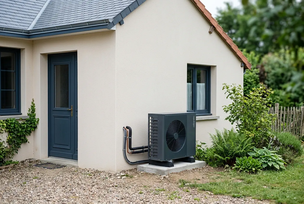 Pompe à chaleur au pied d'une maison rénovée