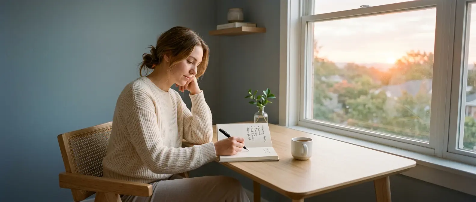 Personne assise calmement à un bureau minimaliste au lever du soleil