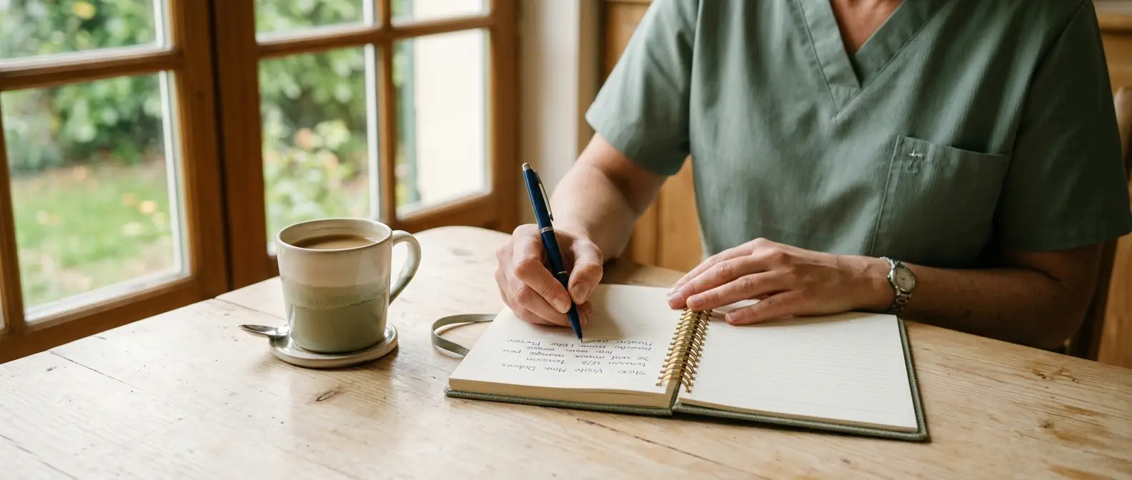 Mains d’une soignante prenant des notes
