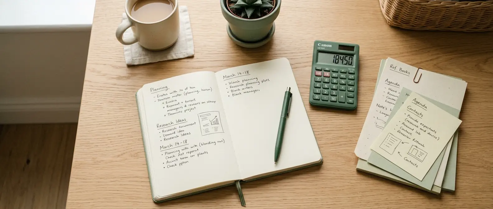 Bureau avec carnet de notes et calculatrice