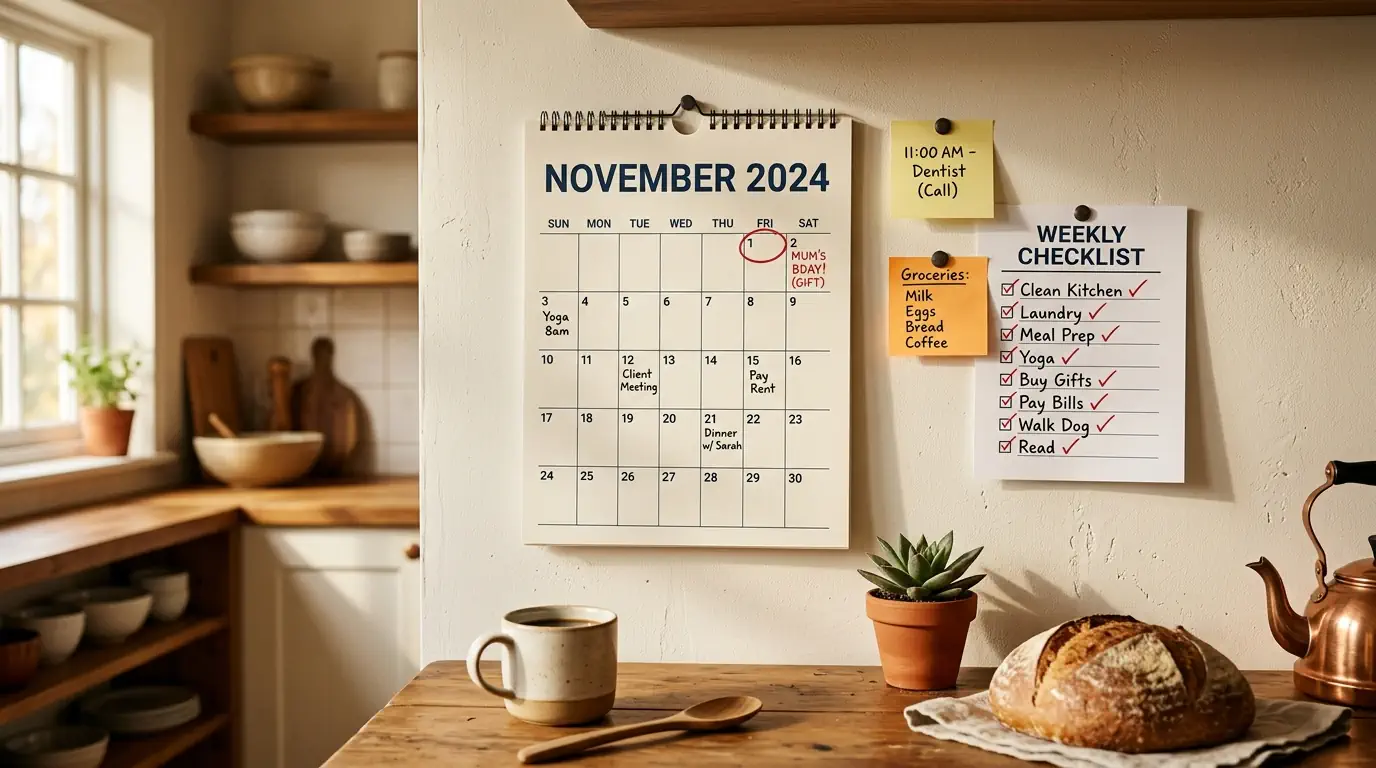 A wall calendar with November 1 circled and a checklist