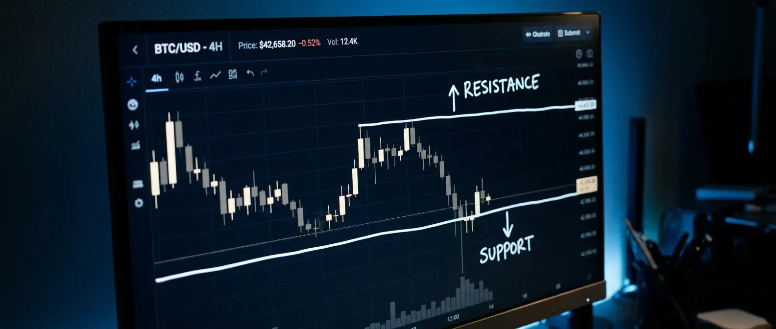Crypto candlestick chart on a dark monitor