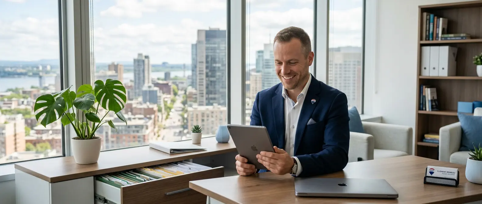 Courtier immobilier consultant une tablette dans un bureau lumineux