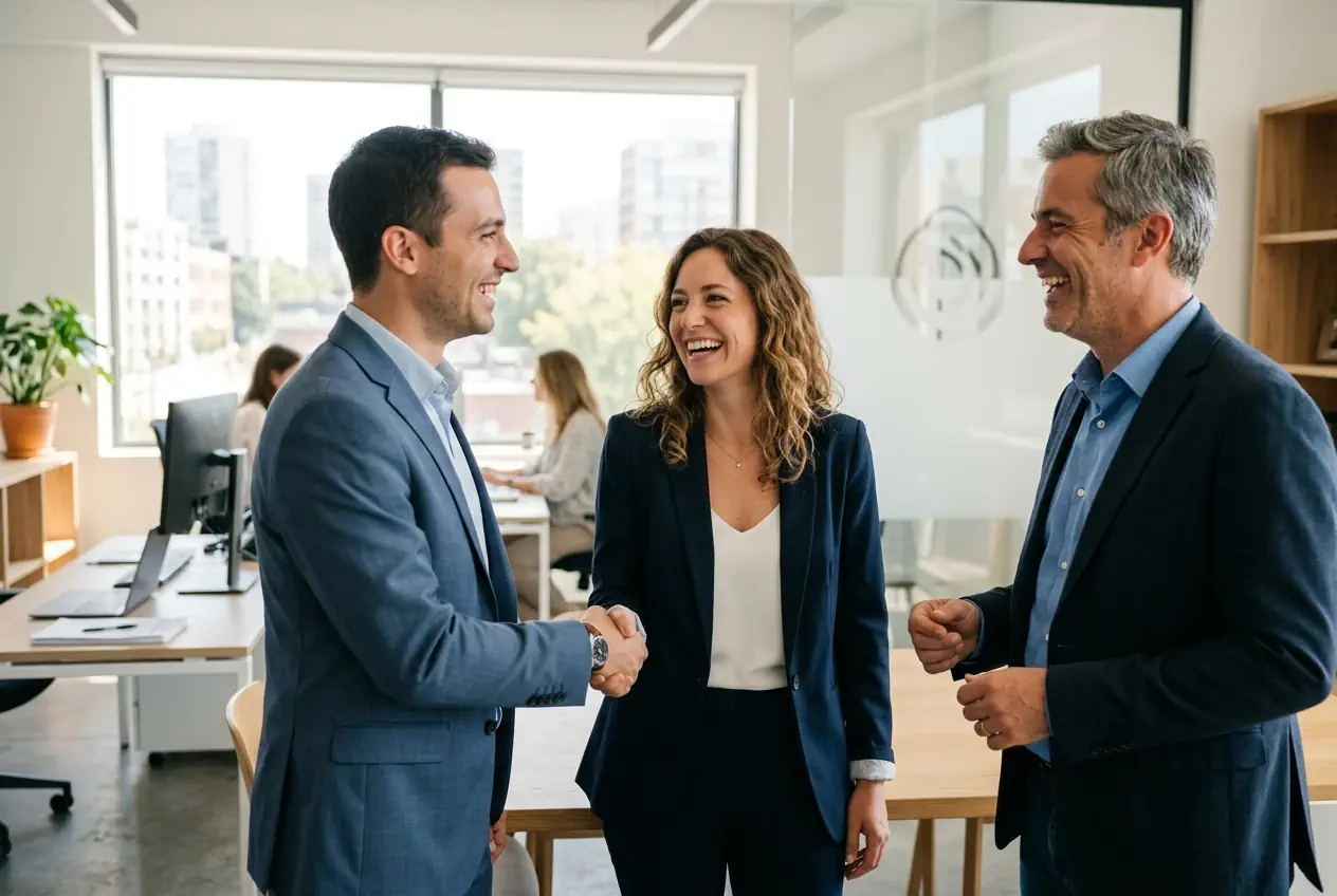 Courtiers immobiliers enthousiastes souriant ensemble dans un bureau moderne