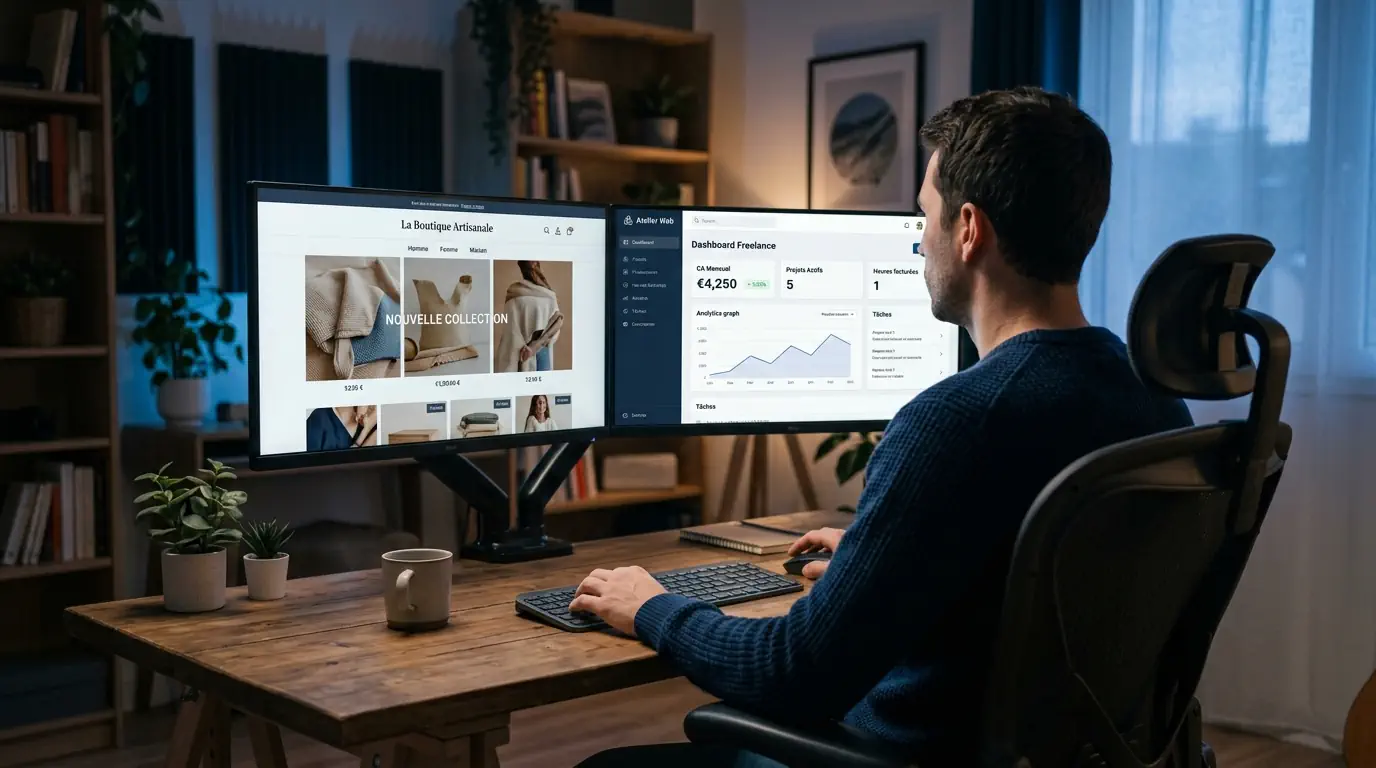 Freelance devant deux écrans montrant une boutique et un tableau de bord