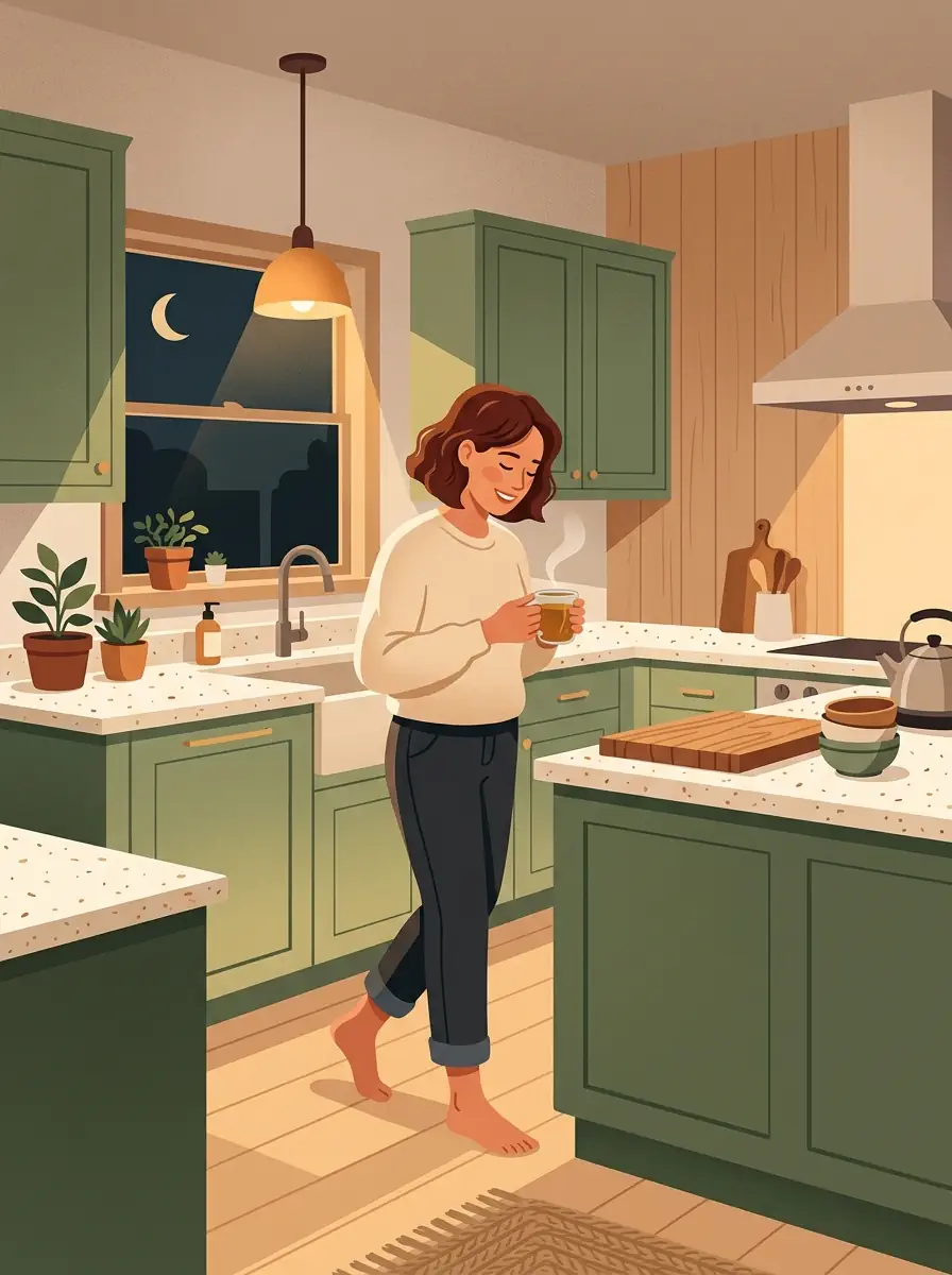 Femme sereine entrant dans sa cuisine la nuit, apaisée