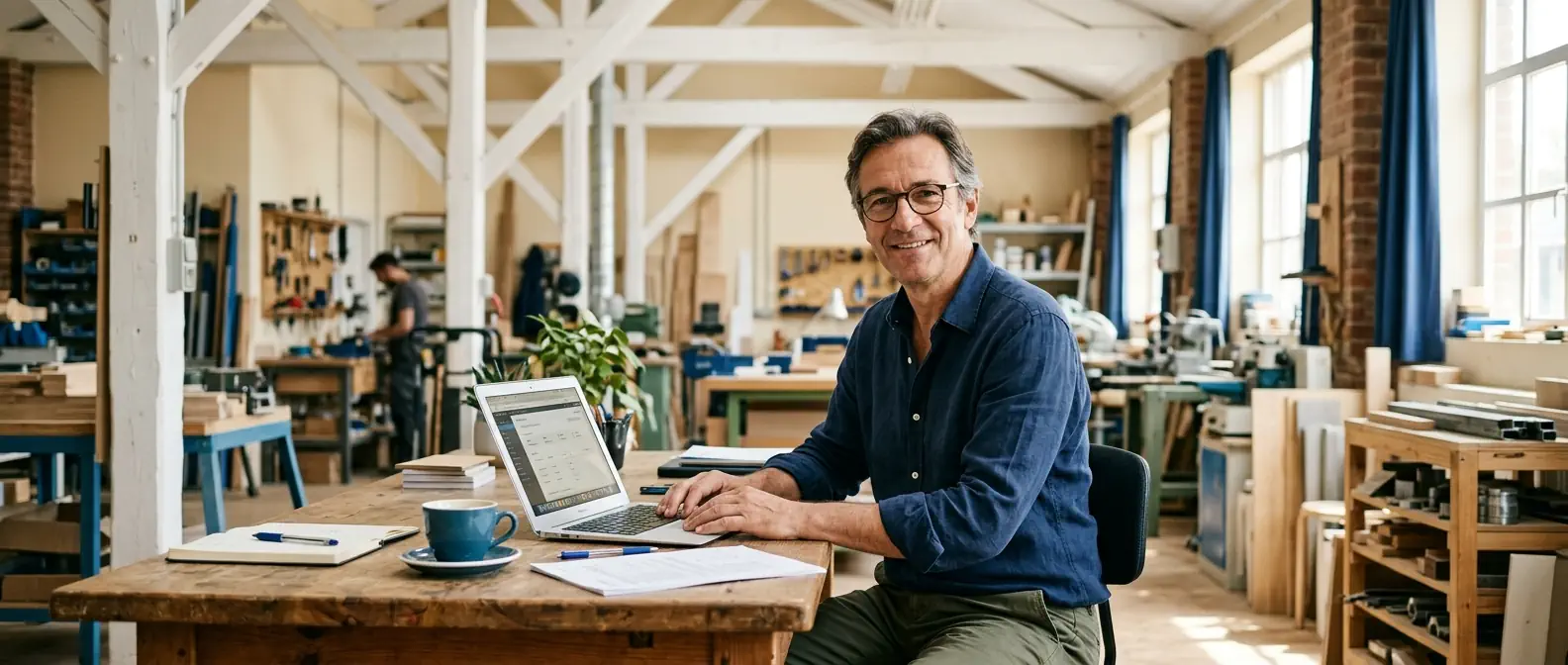 Dirigeant de PME à son bureau, ordinateur portable ouvert