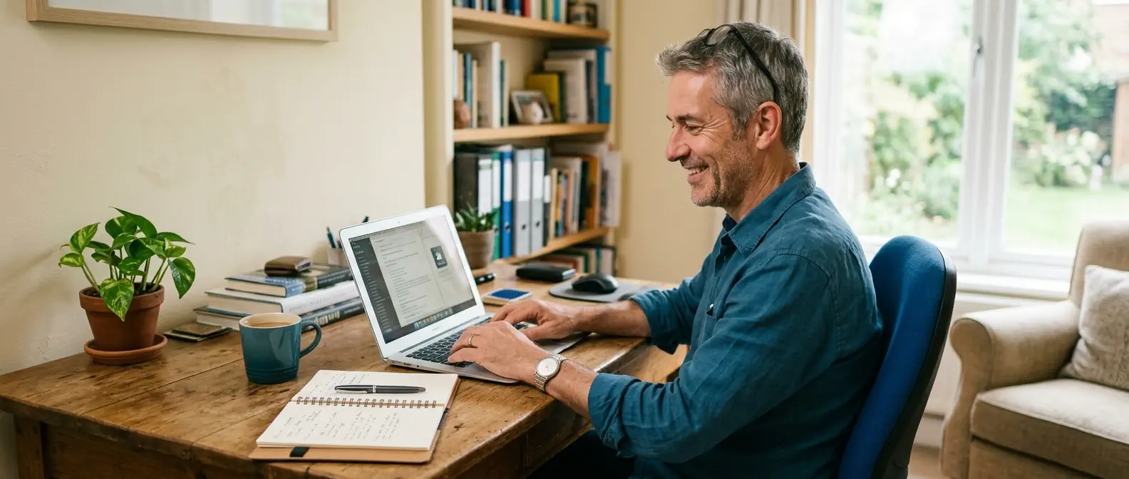 Indépendant à son bureau avec un ordinateur portable et un carnet de notes
