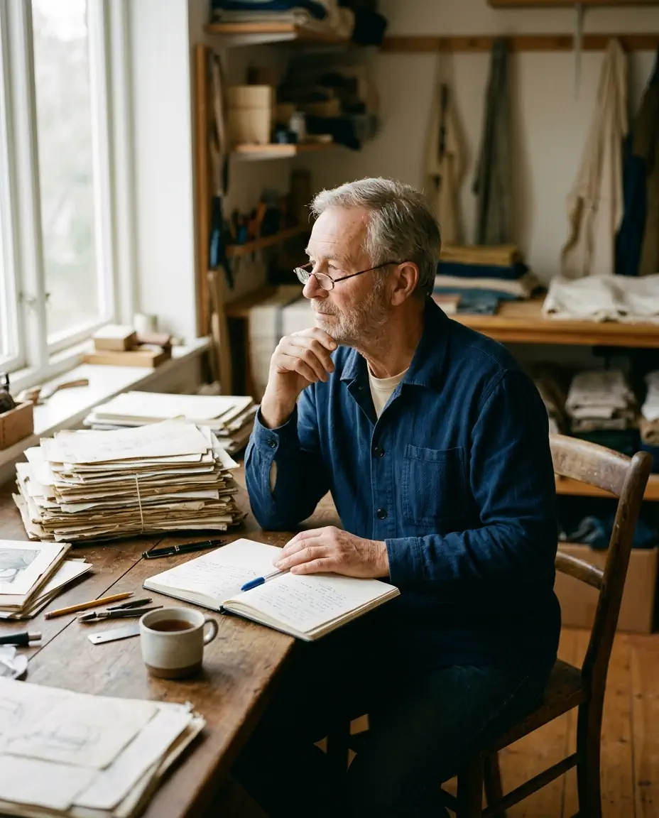 Artisan devant une pile de papiers et un carnet de notes
