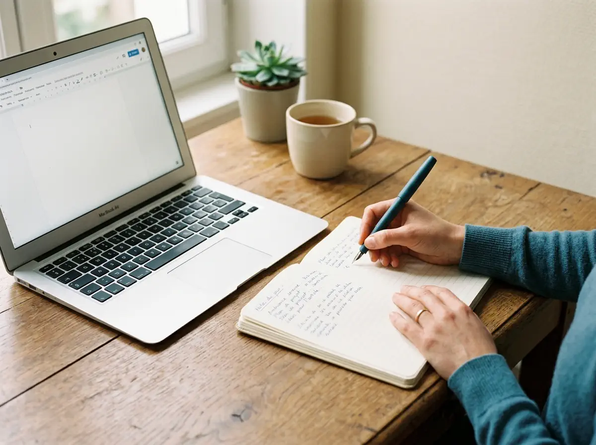 Ordinateur portable et carnet de notes sur un bureau