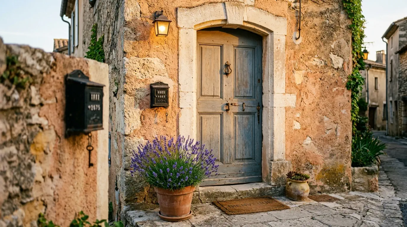 Porte d'entrée d'une maison de village avec boîte à clés