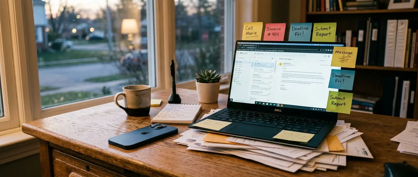 Bureau en fin de journée, ordinateur portable ouvert sur une pile de messages