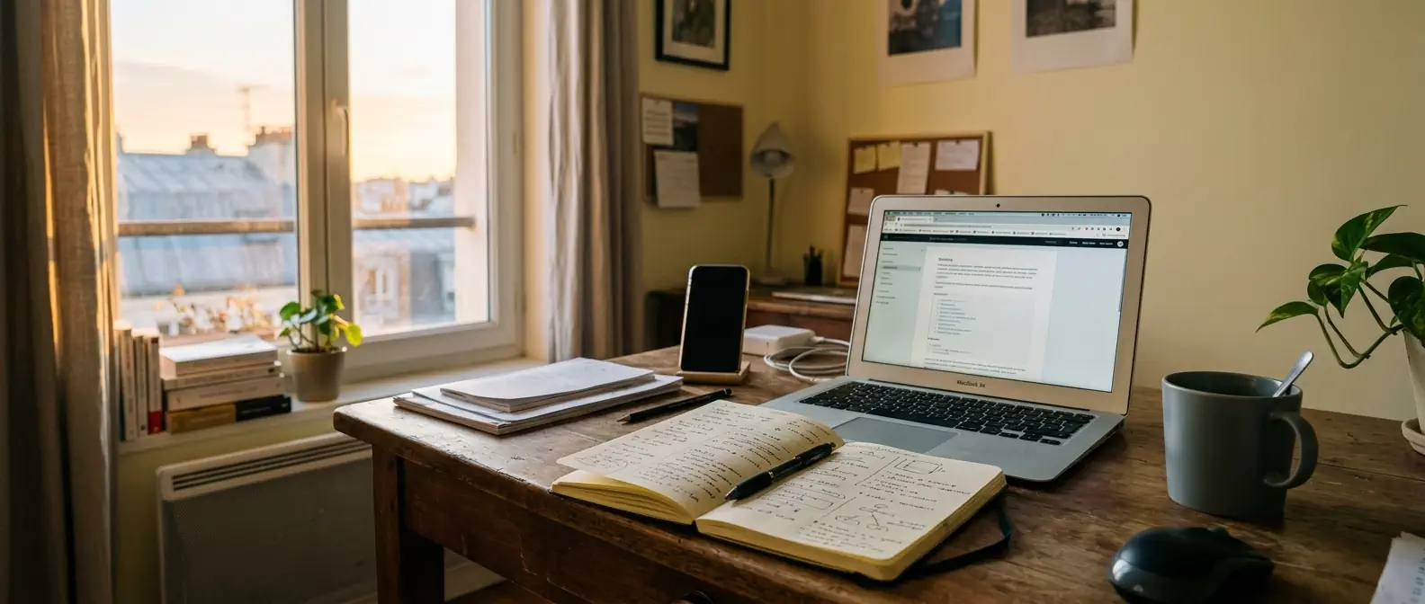 Bureau d'indépendant en fin de journée, ordinateur portable et carnet annoté