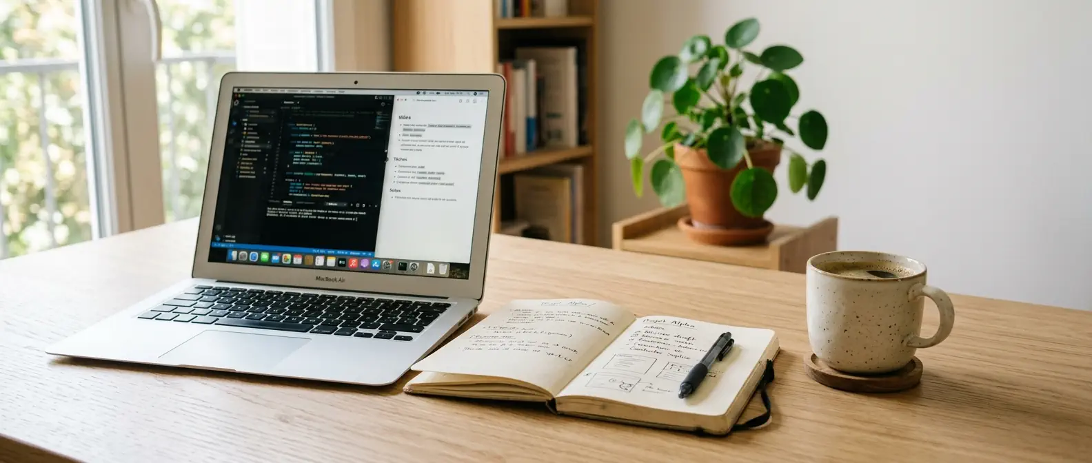 Plan de travail en bois clair avec ordinateur portable, carnet annoté et tasse de café