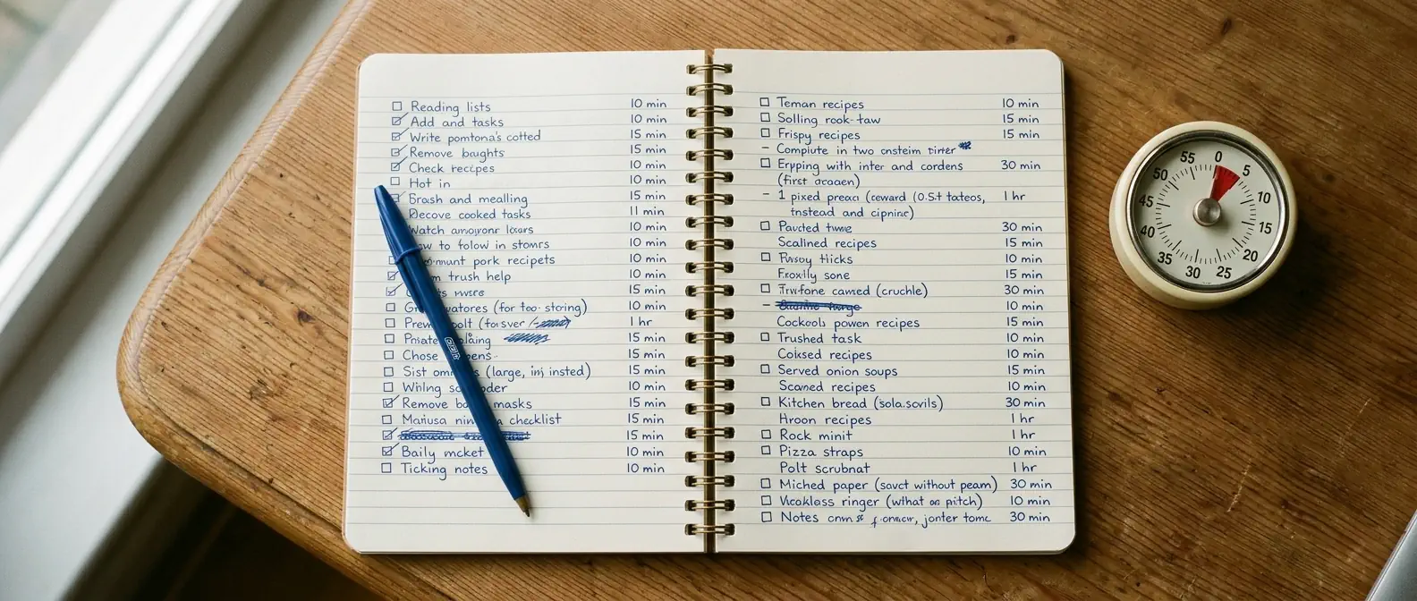 Carnet ouvert couvert de listes manuscrites et de durées notées en marge