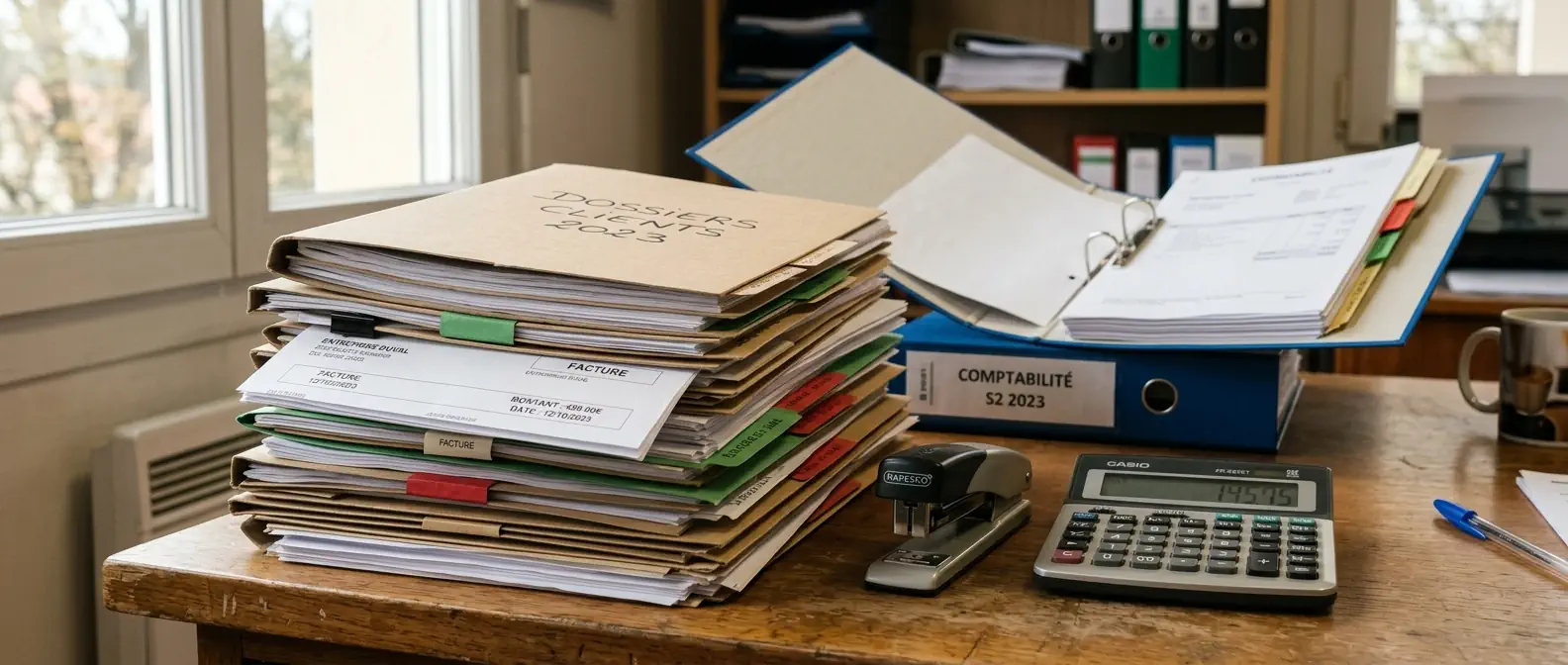 Pile de dossiers et de factures posée sur un bureau avec une calculatrice