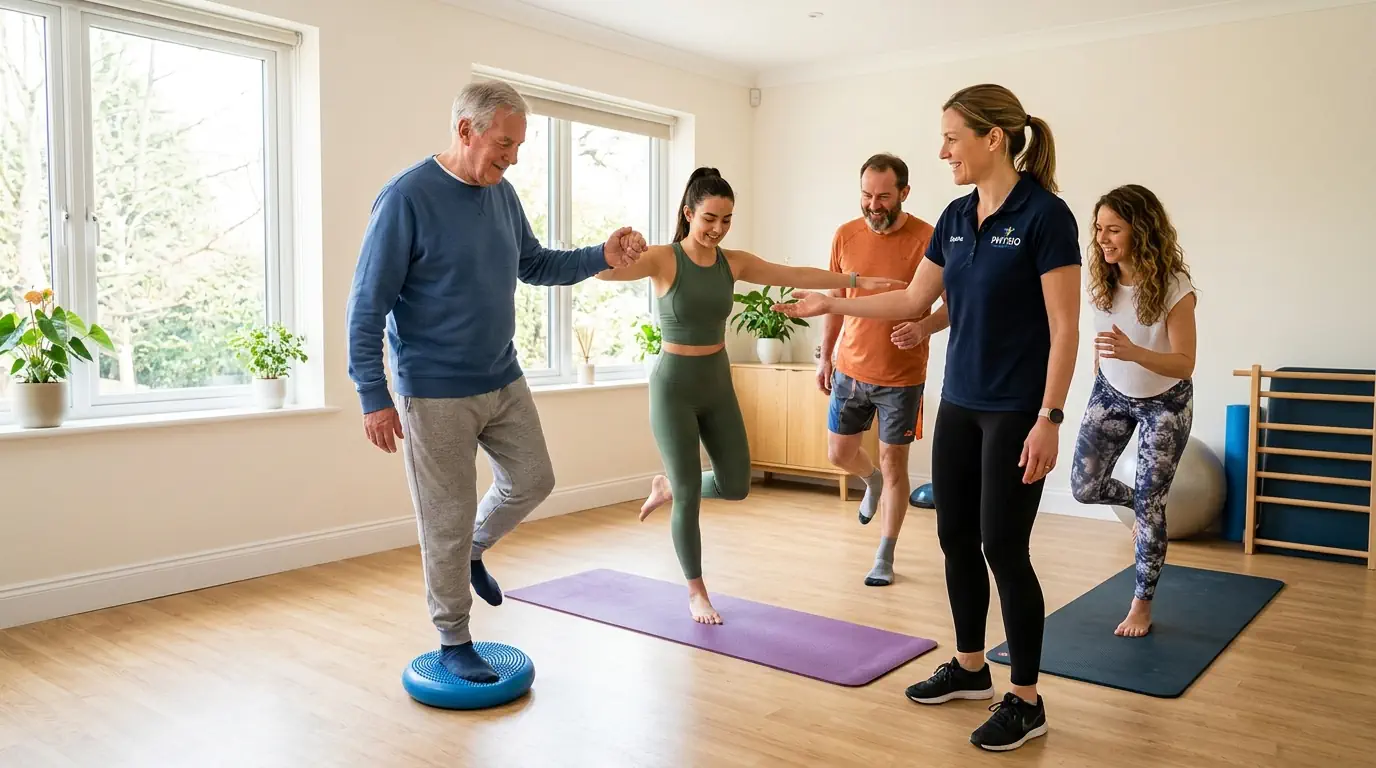 Cours collectifs kiné : petit groupe pratiquant des exercices d'équilibre