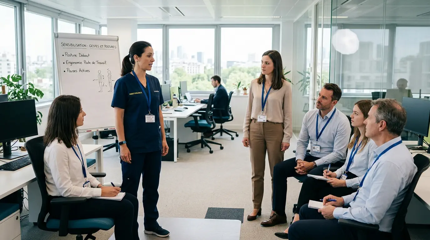 Kiné entreprise : atelier de sensibilisation aux gestes et postures, prévention TMS