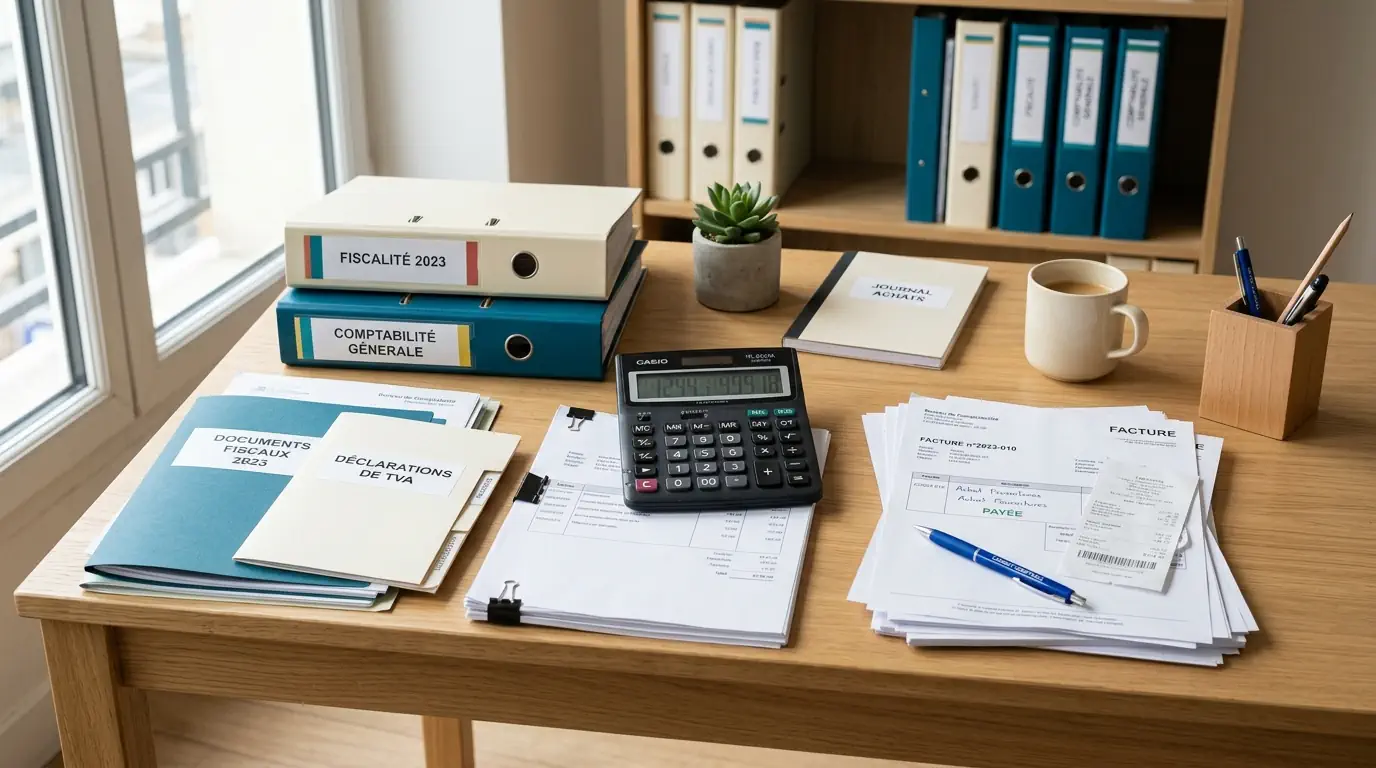 TVA kiné hors nomenclature : bureau de comptabilité avec factures et documents fiscaux