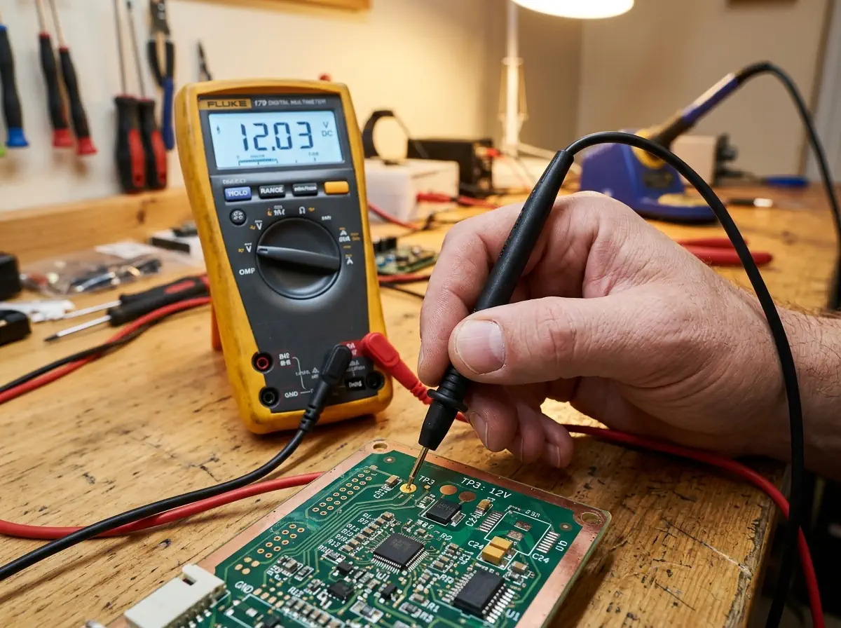 Sonde de multimètre posée sur un point de test