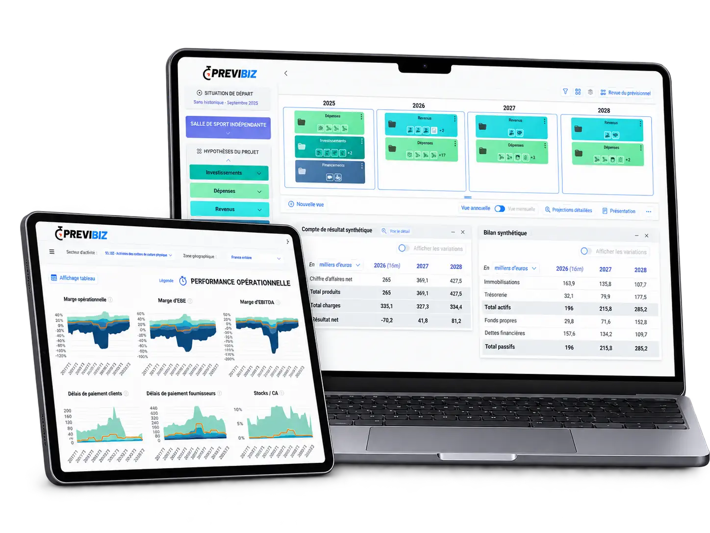PreviBiz sur ordinateur portable et tablette : prévisionnel par année, compte de résultat, bilan et indicateurs de performance