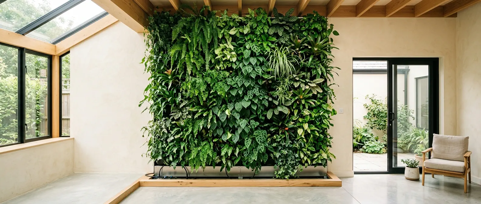 Muro vegetal hidropónico en un patio interior