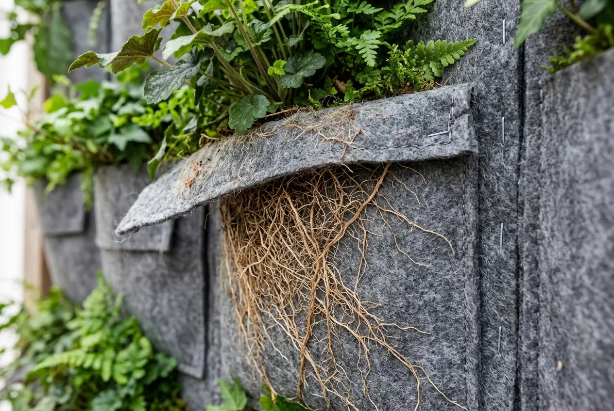 Raíz desnuda sobre fieltro hortícola en un muro vegetal hidropónico