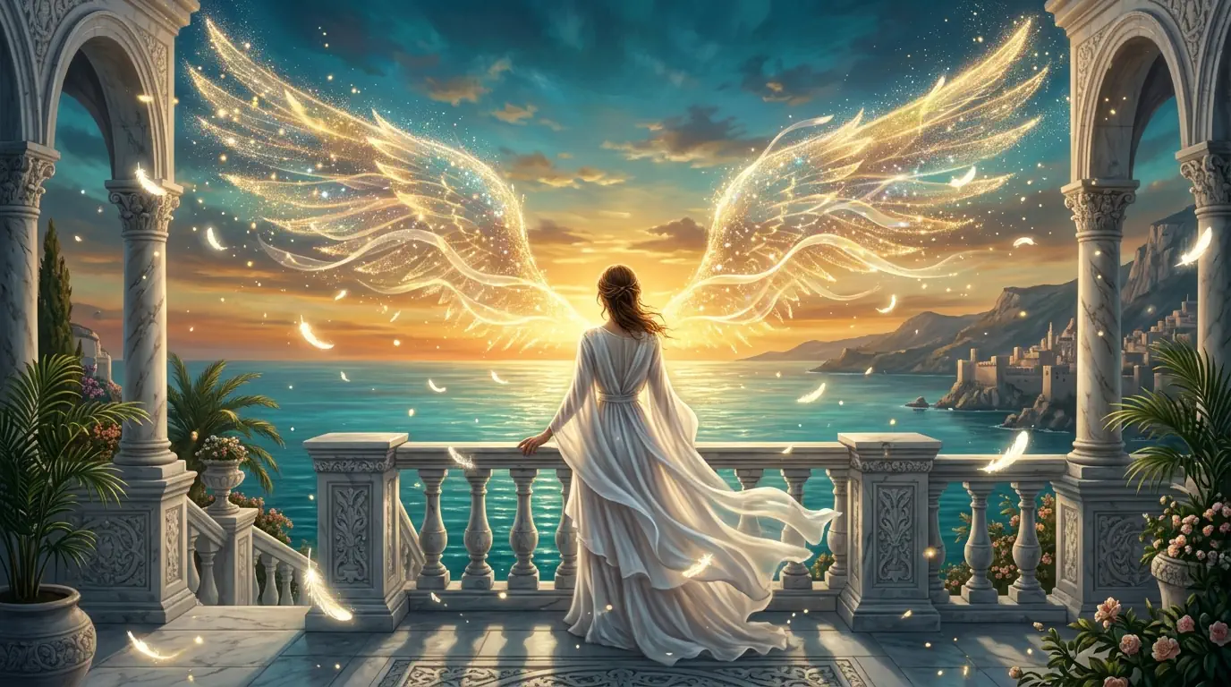 Une femme en robe blanche sur une terrasse de marbre, face à deux immenses ailes de lumière dorée