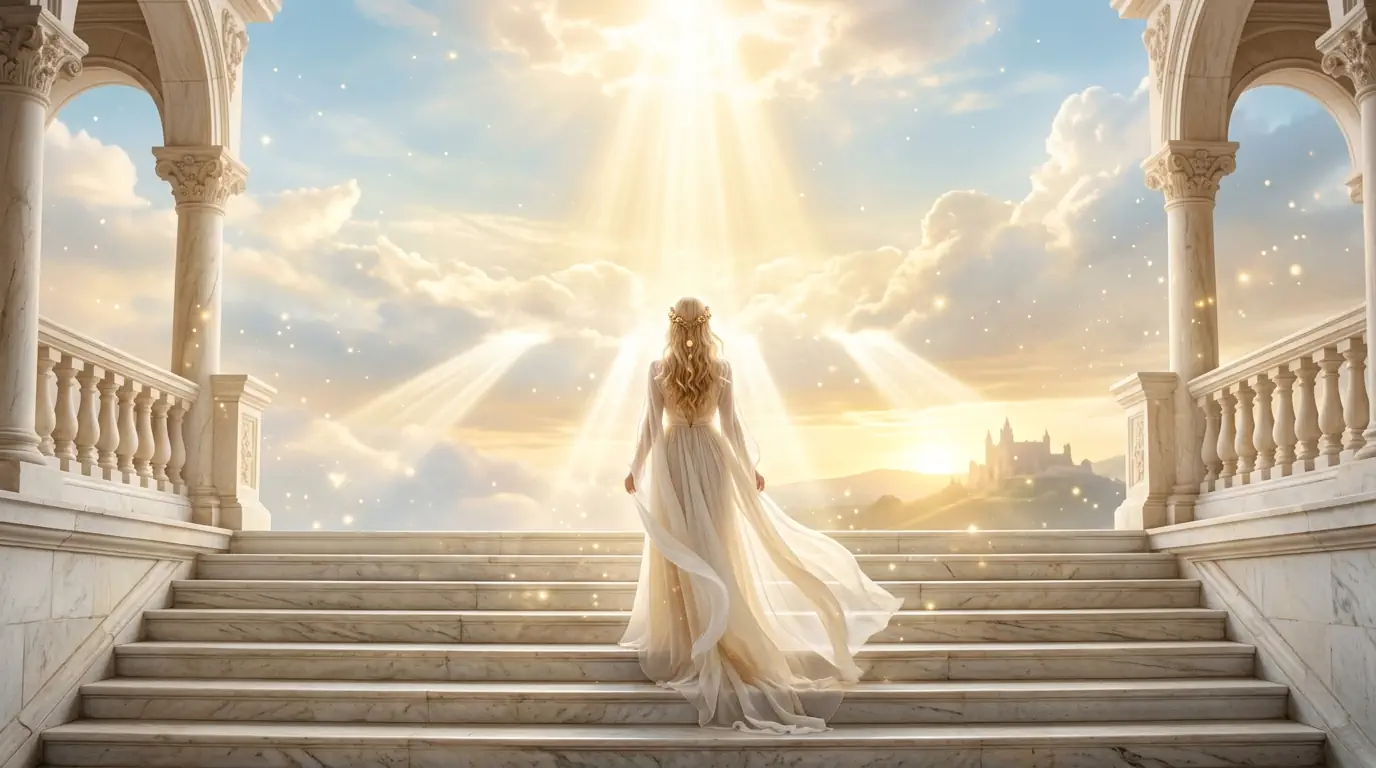 Une femme en robe blanche au sommet d'un escalier de marbre, face à trois chemins de lumière qui s'ouvrent dans les nuages