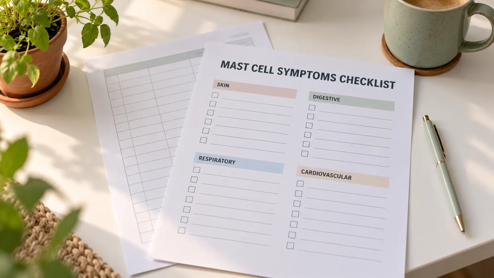 The free three-page mast cell symptoms checklist printable, shown as a preview