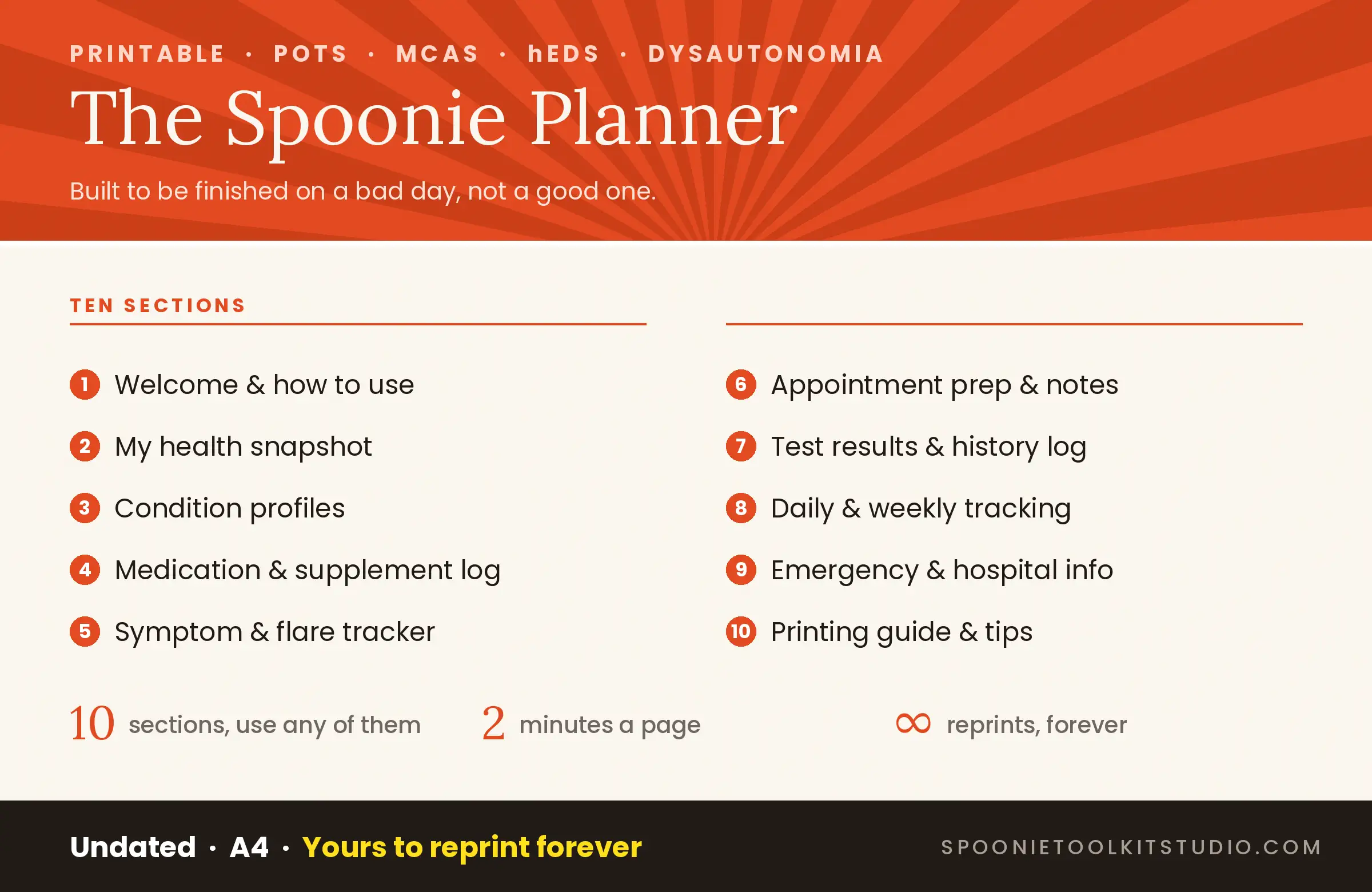 The Spoonie Planner: ten fill-in sections for POTS, MCAS, hEDS and dysautonomia