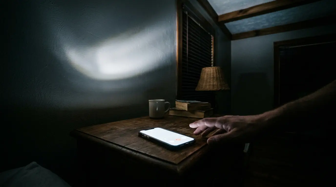 Un téléphone qui sonne sur une table de nuit dans une chambre obscure