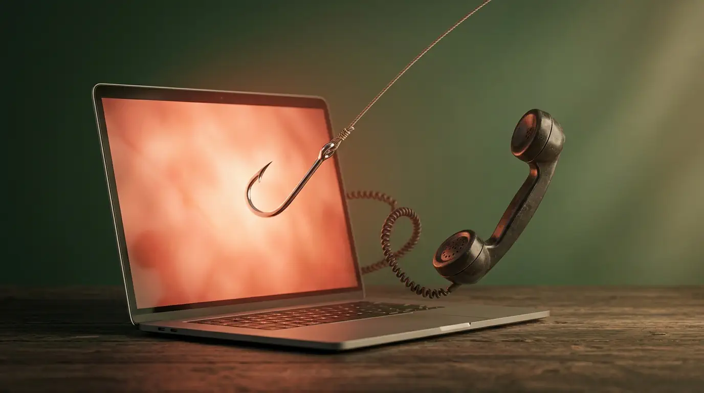 Écran d'ordinateur d'où sort un hameçon tenant un combiné téléphonique