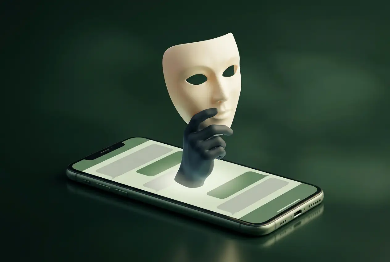Masque blanc surgissant d'une conversation sur smartphone