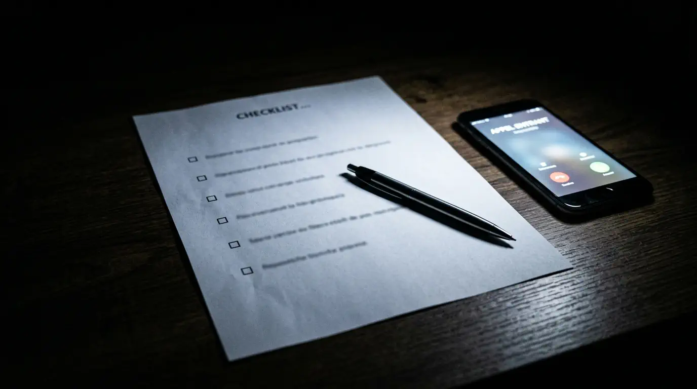 Une feuille imprimée posée sur une table, éclairée par un téléphone qui sonne dans le noir