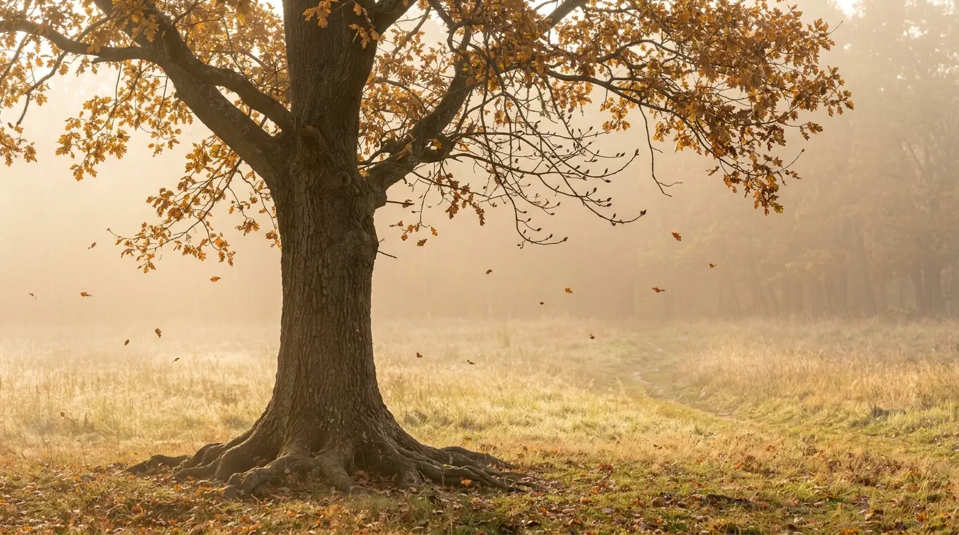 Un arbre d’automne qui laisse tomber ses feuilles tout en portant déjà ses bourgeons