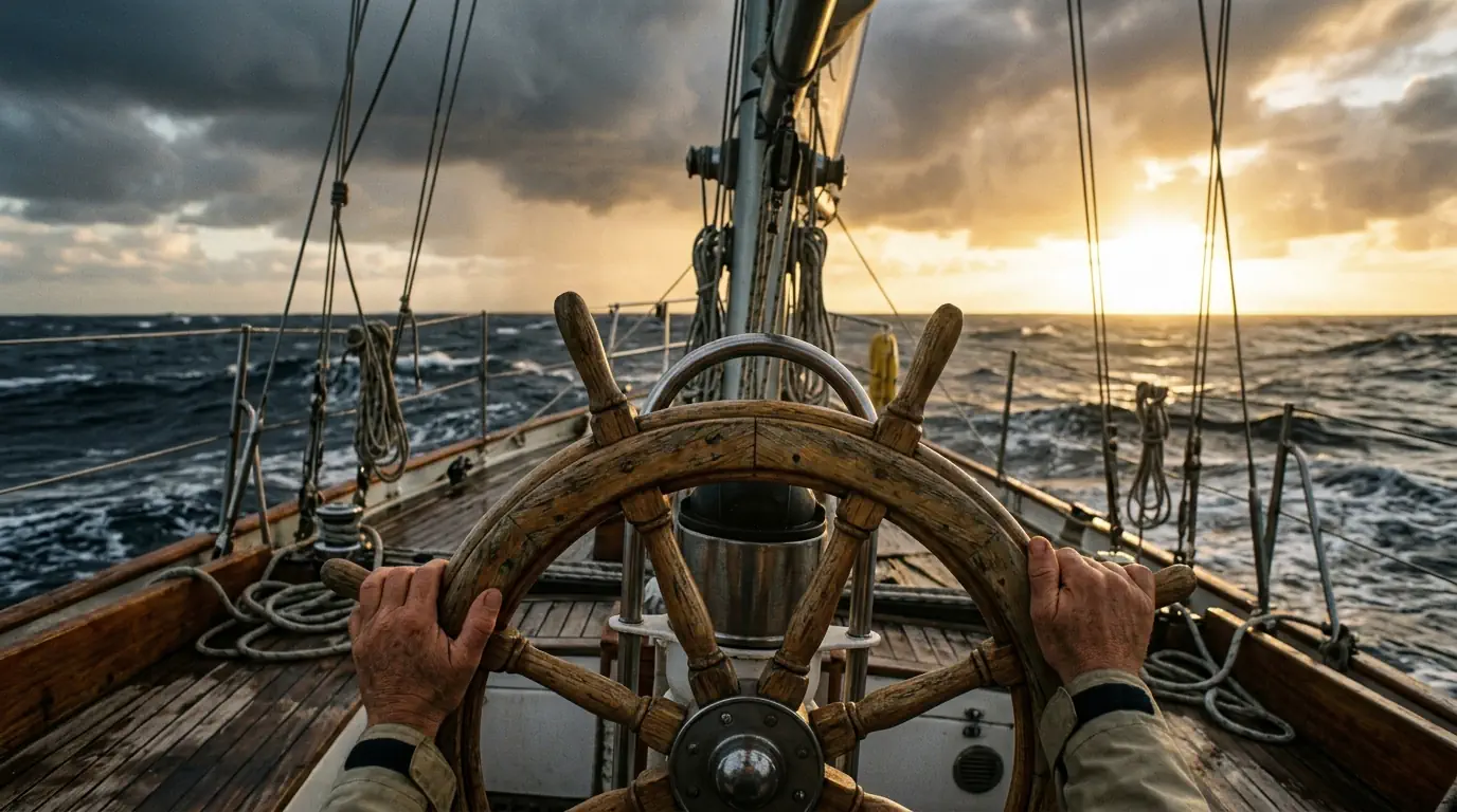 Une main ferme sur la barre d’un navire, cap tenu malgré une mer agitée