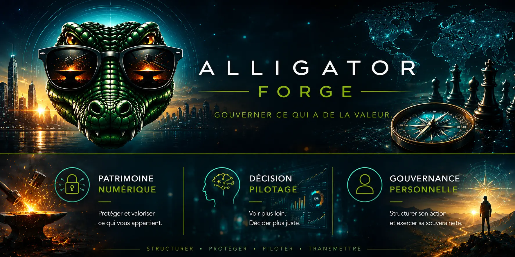 Bannière Alligator Forge — Gouverner ce qui a de la valeur