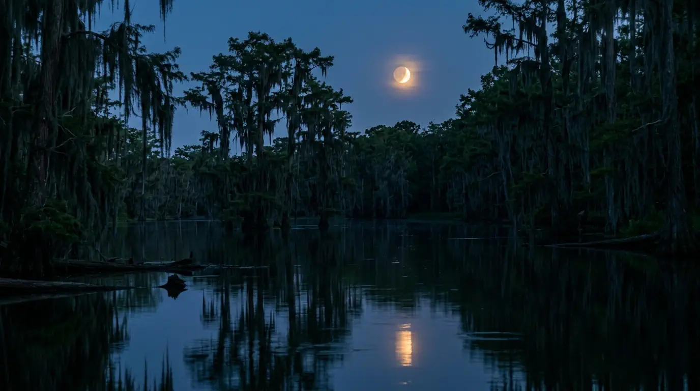 Bayou au crépuscule, reflet de lune — patience, profondeur, habitat naturel de l'alligator