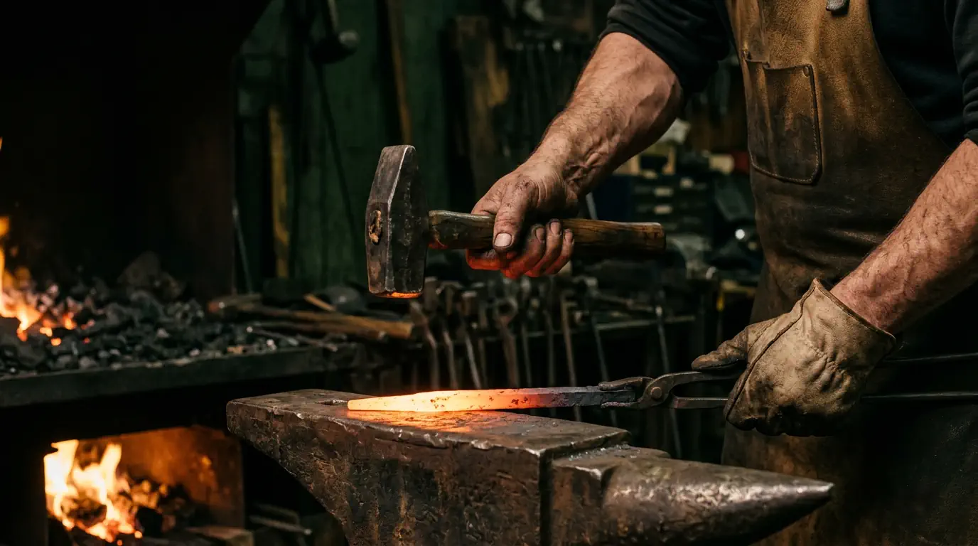 Mains d'artisan au-dessus d'une enclume — geste délibéré, transformation intentionnelle