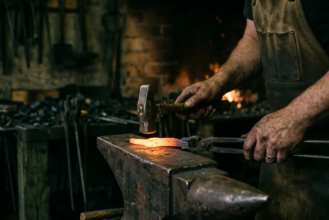 Mains au travail dans une forge — transformer une matière brute en objet utile