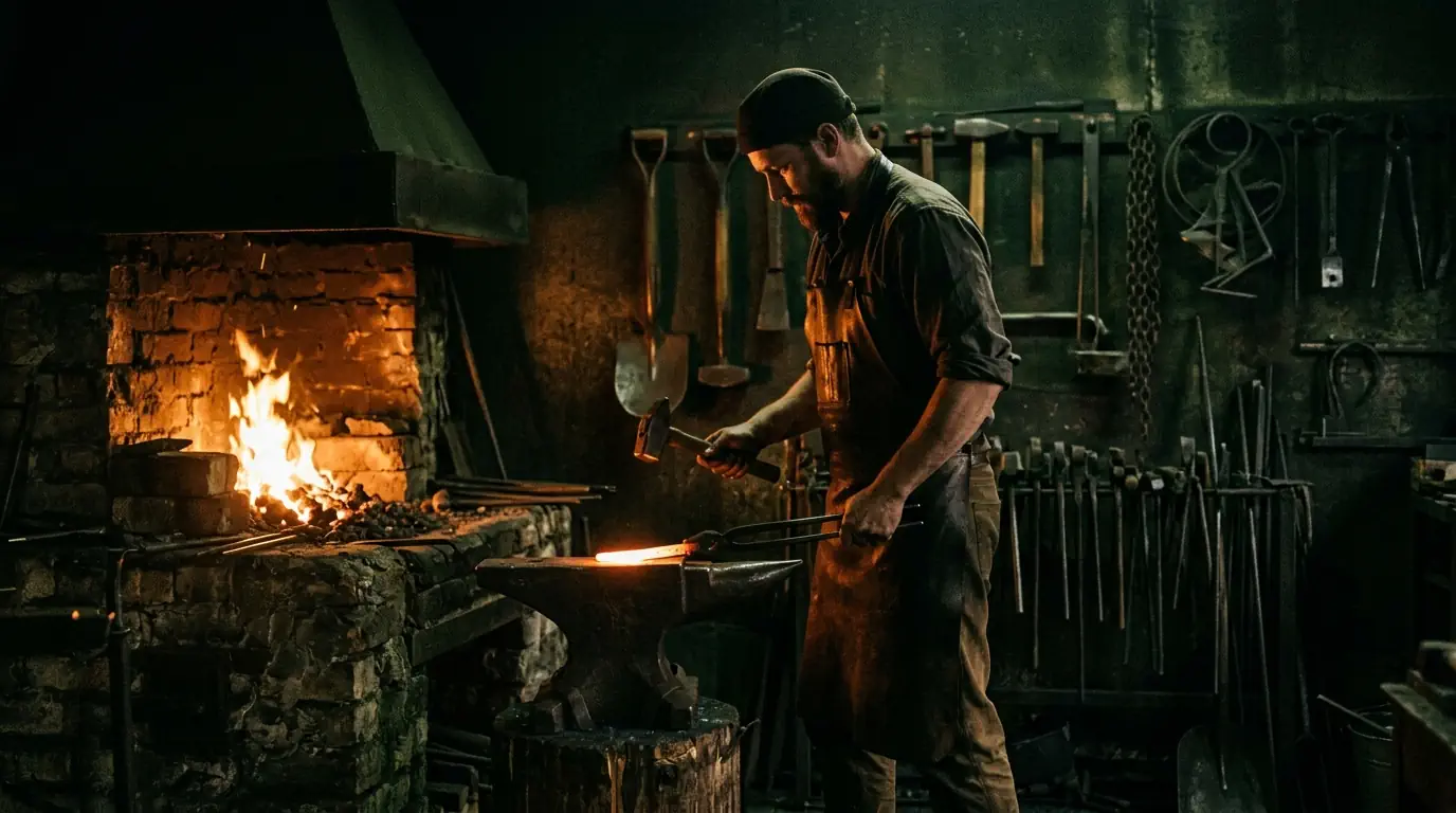 Silhouette d'un artisan devant son feu de forge — maîtrise, intentionnalité, patience