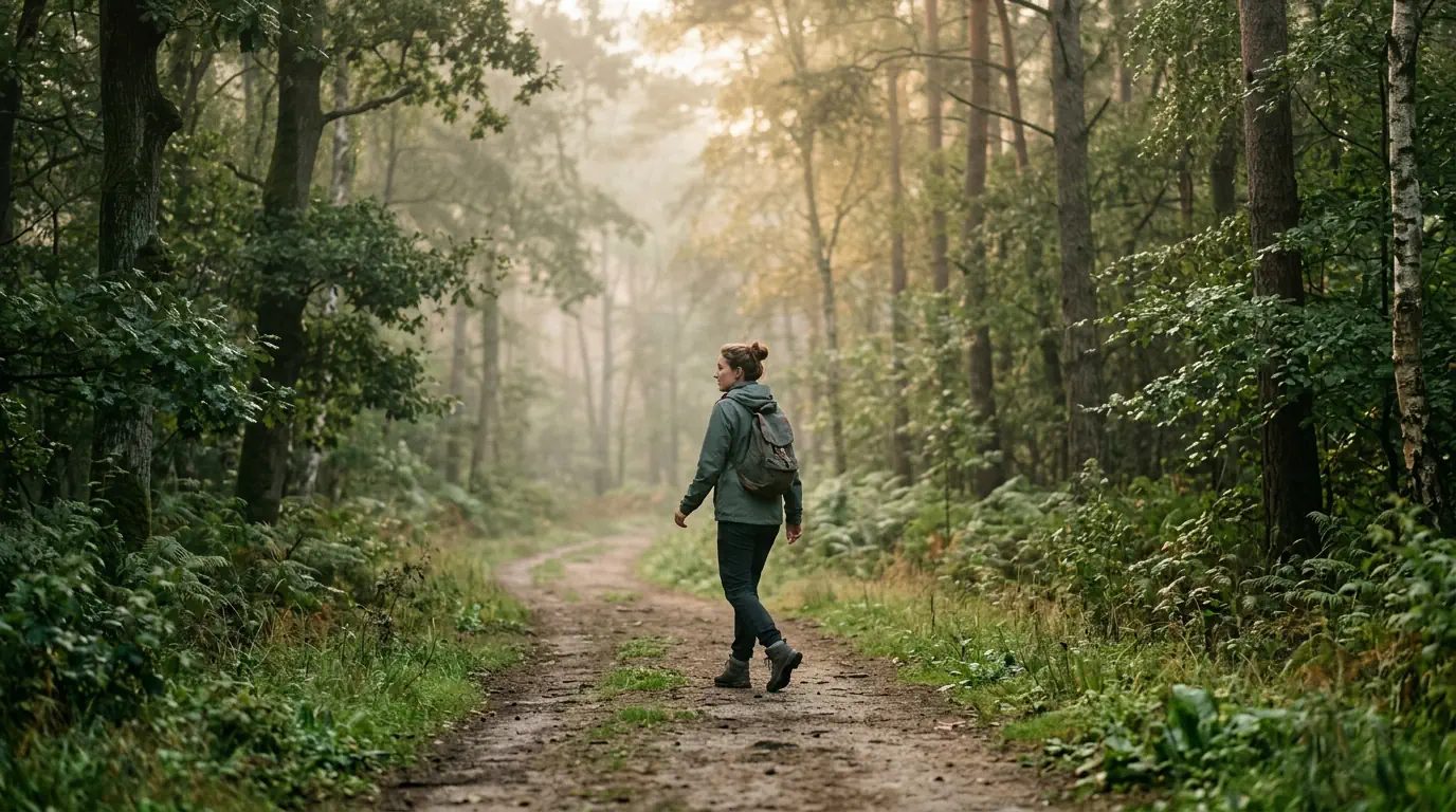 Marche intentionnelle sur un chemin au petit matin — progression calme, continuité, cap tenu