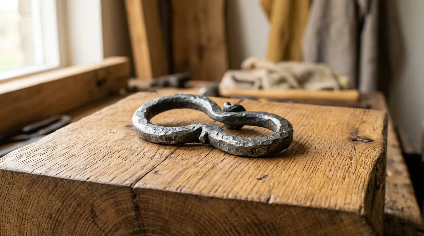 Pièce métallique forgée posée sur une table en bois — actif durable, résultat du travail