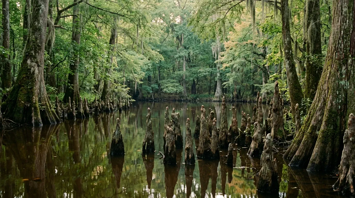 Racines de cyprès dans l'eau immobile — fondations, durée, habitat Alligator Forge