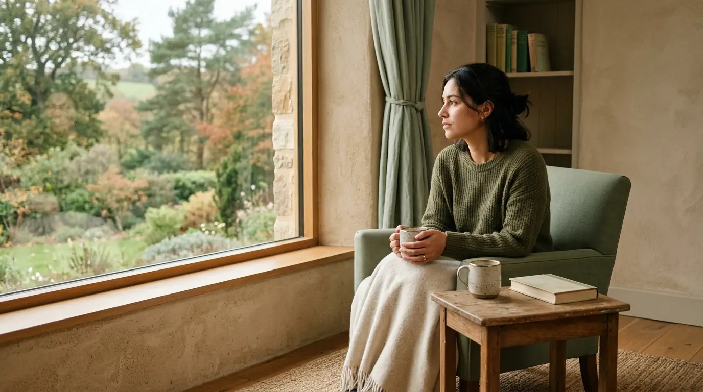Personne pensive près d'une fenêtre — recul et réflexion
